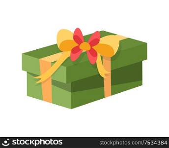 Gift box decorated with bow made of tape ribbon vector. Square container box with surprise, holiday tradition of exchanging presents. Floral decor. Gift Box Decorated with Bow Made of Tape Ribbon