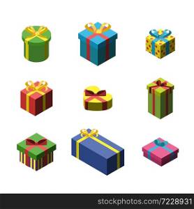 Gift Box Different Size Isometric Set Vector. Birthday, Christmas Or Valentine Day Present Box Decorated Ribbon And Bow. Delivery And Transportation Package. Container In Heart Form Illustrations. Gift Box Different Size Collection Set Vector