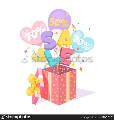 Gift box discounts. Open surprise gift with discount sale, balloons with confetti, promotional poster, advertising banner with wrapped giftbox, opening bright gift package, vector isolated concept. Gift box discounts. Open surprise gift with discount sale, balloons with confetti, promotional poster, advertising banner, opening bright gift package, vector isolated concept