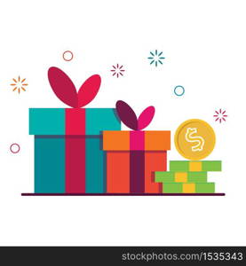 Gift box for the holiday. Symbol of loyalty and reward program. Online store promotion, bonus, surprise or reward for a referral program. Template for shopping, birthday, party, sale posters and banners. Flat illustration isolated on white background.. Gift box for the holiday. Symbol of loyalty and reward program. Online store promotion, bonus, surprise or reward for a referral program. Template for shopping, birthday, party, sale posters and banners.