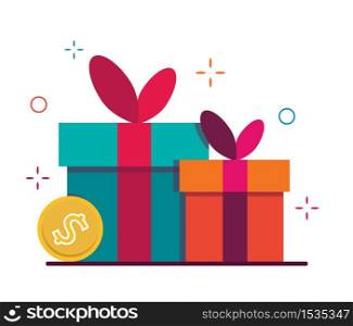 Gift box for the holiday. Symbol of loyalty and reward program. Online store promotion, bonus, surprise or reward for a referral program. Template for shopping, birthday, party, sale posters and banners.
