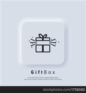 Gift box icon. Party and celebration concept. Giftbox icon. Surprise and birthday items, gift, present, ribbon. Vector. Neumorphic UI UX white user interface web button. Neumorphism