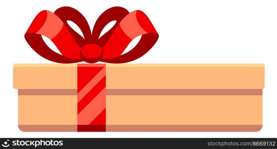 Gift box icon. Present tied with silk red ribbon. Side view. Vector illustration. Gift box icon. Present tied with silk red ribbon. Side view