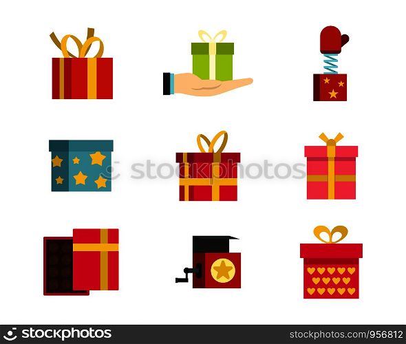 Gift box icon set. Flat set of gift box vector icons for web design isolated on white background. Gift box icon set, flat style