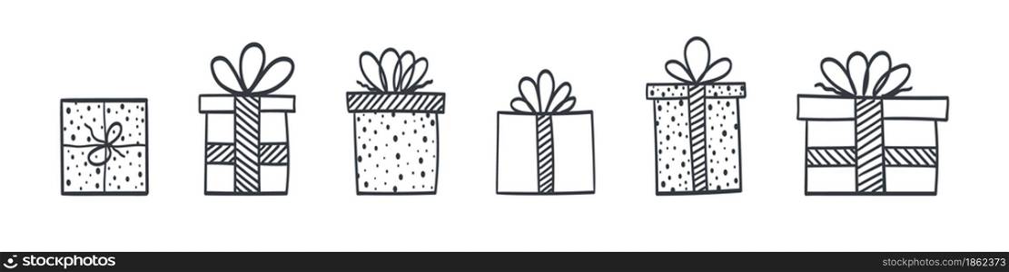 Gift box icons. Set of hand drawn gift boxes with different style and forms. Vector illustration