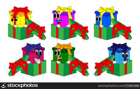 Gift Box in a gift box as a cartoon character. Holiday, Celebration surprise with happy face emotion.