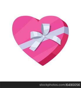 Gift box in form of heart vector icon in flat style. Packaged with pink paper ribbon present illustration. For application button, infogpaphics elements, web design. Isolated on white background. Gift Box Vector Icon in Flat Style Design . Gift Box Vector Icon in Flat Style Design