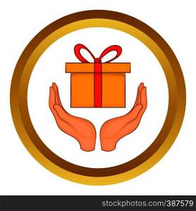 Gift box in hands vector icon in golden circle, cartoon style isolated on white background. Gift box in hands vector icon