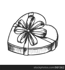Gift Box In Heart Form With Ribbon Ink Vector. Valentine Day Decorative Surprise Present Box. Romantic Package Engraving Template Hand Drawn In Vintage Style Black And White Illustration. Gift Box In Heart Form With Ribbon Ink Vector