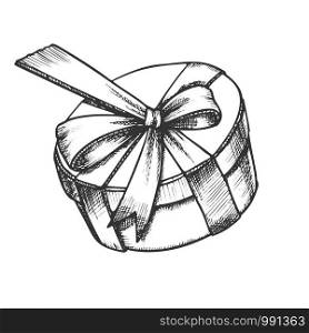 Gift Box In Round Shape With Ribbon Retro Vector. Christmas Decorative Surprise Present Box. Elegant Container Engraving Template Hand Drawn In Vintage Style Black And White Illustration. Gift Box In Round Shape With Ribbon Retro Vector