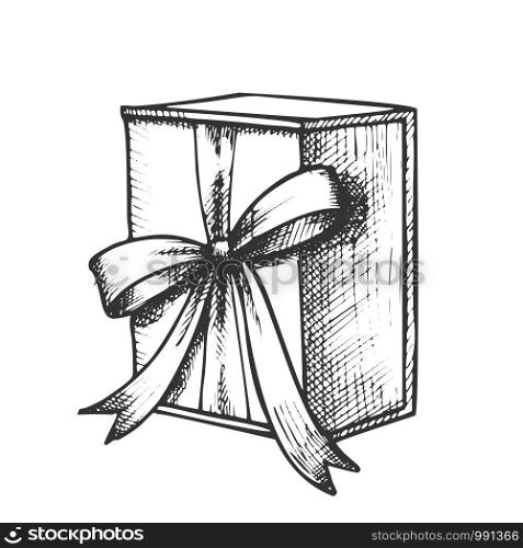 Gift Box In Square Form With Ribbon Ink Vector. Celebration Holiday Decoration Surprise Present Box. Festive Container Engraving Layout Hand Drawn In Vintage Style Black And White Illustration. Gift Box In Square Form With Ribbon Ink Vector