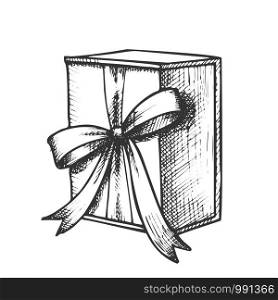 Gift Box In Square Form With Ribbon Ink Vector. Celebration Holiday Decoration Surprise Present Box. Festive Container Engraving Layout Hand Drawn In Vintage Style Black And White Illustration. Gift Box In Square Form With Ribbon Ink Vector