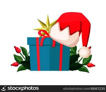 Gift box isolated with Santa Claus hat with canker-rose and golden star. Christmas decoration set in cartoon style on white. Vector illustration of present case, adorned red cap and tree leaves. Blue Gift Box Isolated with Santa Hat on Cover