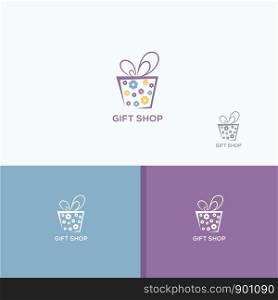 Gift box logo design, blooming surprise packaging box vector illustration. flowers baby gift shop. birthday discount sale box