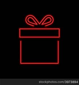 Gift box neon sign. Bright glowing symbol on a black background. Neon style icon.