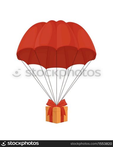 Gift box on a parachute. Surprise with red ribbon descends from sky under an elegant dome festive birthday delivery delivery of special New Years gifts stylish colorful vector packaging.. Gift box on a parachute. Surprise with red ribbon descends from sky under an elegant dome.