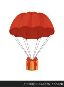 Gift box on a parachute. Surprise with red ribbon descends from sky under an elegant dome festive birthday delivery delivery of special New Years gifts stylish colorful vector packaging.. Gift box on a parachute. Surprise with red ribbon descends from sky under an elegant dome.