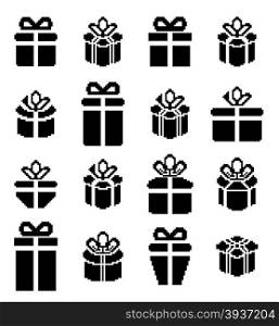 Gift box pixel icons, holiday presents. Vector Illustration