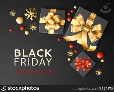 Gift box sale. Black friday discount banner with presents in dark packaging and golden snowflakes, top view, gift coupon or shopping card and vector poster. Gift box sale. Black friday discount banner with presents in dark packaging and golden snowflakes, top view, gift coupon. Vector poster