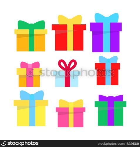 Gift Box Set Isolated on White Background in Flat Style. XMAS or Birthday, Holiday Vector Present Template Collection. Beautiful Simple Giftboxes.. Gift Box Set Isolated on White Background in Flat Style. XMAS or Birthday, Holiday Present Template Collection. Beautiful Simple Giftboxes. Vector Illustration.