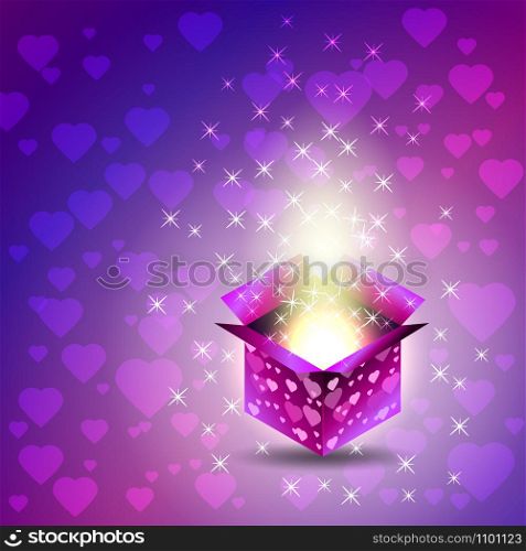 Gift box. Valentines Day. Heart - Stars - Magical glow. Blue and purple tones. Gift box. Valentines Day. Heart, glow, stars