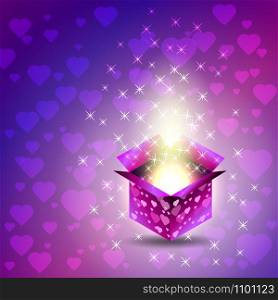Gift box. Valentines Day. Heart - Stars - Magical glow. Blue and purple tones. Gift box. Valentines Day. Heart, glow, stars