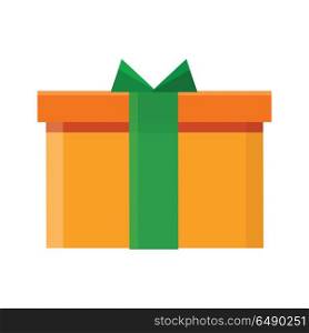Gift Box Vector Icon in Flat Style Design. Gift box vector icon in flat style. Packaged with orange paper and green ribbon present illustration. Holiday surprise. For app button, infogpaphics elements, logo, web design. On white background