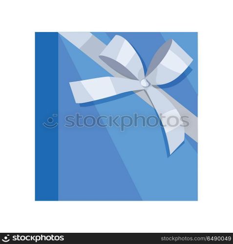 Gift box vector icon in flat style. Packaged with blue paper and grey ribbon present illustration. For application button, infogpaphics elements, logo, web design. Isolated on white background. Gift Box Vector Icon in Flat Style Design . Gift Box Vector Icon in Flat Style Design