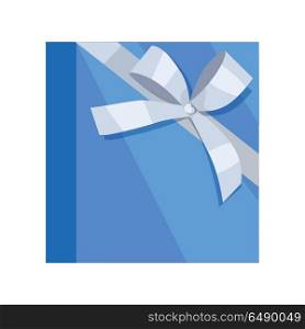Gift box vector icon in flat style. Packaged with blue paper and grey ribbon present illustration. For application button, infogpaphics elements, logo, web design. Isolated on white background. Gift Box Vector Icon in Flat Style Design . Gift Box Vector Icon in Flat Style Design