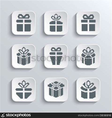 Gift Box Web Icons Set Holiday Presents - Vector White App Buttons Design Element With Shadow. Trendy Design Template