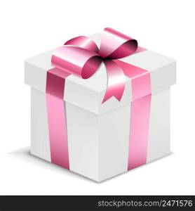 Gift Box white with pink bow isolated on white. Vector Illustration. EPS10 opacity