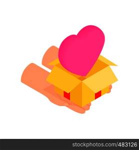 Gift box with a pink heart isometric 3d icon on a white background. Gift box with a pink heart isometric 3d icon