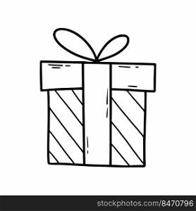 Gift box with bow on white background. Vector doodle illustration. Hand drawn sketch.