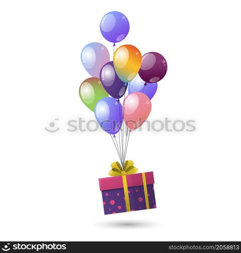 Gift box with colorful balloons air floating