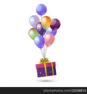 Gift box with colorful balloons air floating
