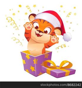 Gift box with cute tiger in christmas hat leaps out. Concept of present for New year with surprise. Vector cartoon illustration of funny kitten character in purple box with golden bow and confetti. Gift box with cute tiger in christmas hat leap out
