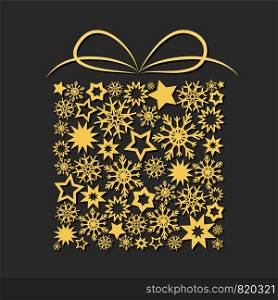 Gift box with golden stars and snowflakes on dark background, merry christmas ans happy new year card, stock vector illustration