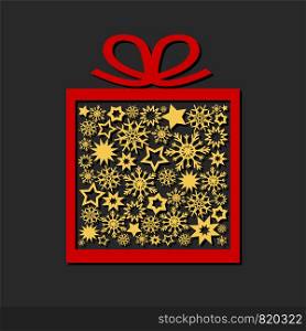 Gift box with golden stars and snowflakes on dark background, merry christmas ans happy new year card, stock vector illustration