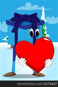 Gift Box with holding a big red heart as a cartoon character. Holiday, Celebration surprise with happy face emotion.