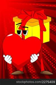 Gift Box with holding a big red heart as a cartoon character. Holiday, Celebration surprise with happy face emotion.