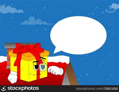 Gift Box with holding a magnifying glass as a cartoon character. Holiday, Celebration surprise with happy face emotion.