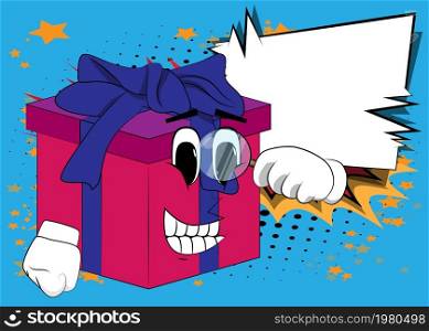 Gift Box with holding a magnifying glass as a cartoon character. Holiday, Celebration surprise with happy face emotion.