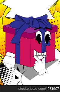 Gift Box with holding finger front of his mouth as a cartoon character. Holiday, Celebration surprise with happy face emotion.