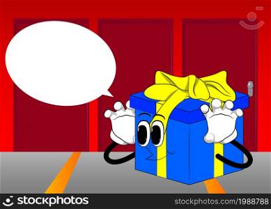 Gift Box with is trying to scare you as a cartoon character. Holiday, Celebration surprise with happy face emotion.