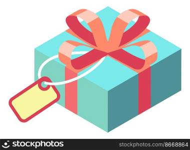 Gift box with label and red bow. Isometric present icon isolated on white background. Gift box with label and red bow. Isometric present icon