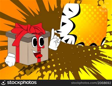 Gift Box with making a point as a cartoon character. Holiday, Celebration surprise with happy face emotion