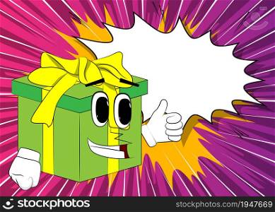 Gift Box with making thumbs up sign as a cartoon character. Holiday, Celebration surprise with happy face emotion.
