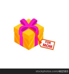 Gift box with pink ribbon and for mom card isometric 3d icon on a white background. Gift box with pink ribbon and for mom card icon
