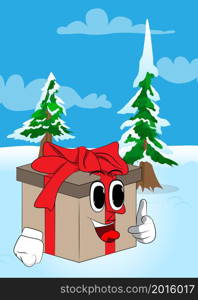 Gift Box with pointing at the viewer with his hand as a cartoon character. Holiday, Celebration surprise with happy face emotion.