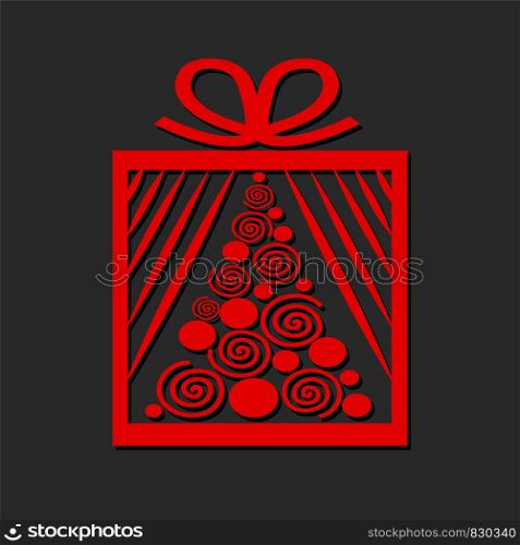 Gift box with red christmas tree on dark background, merry christmas ans happy new year card, stock vector illustration